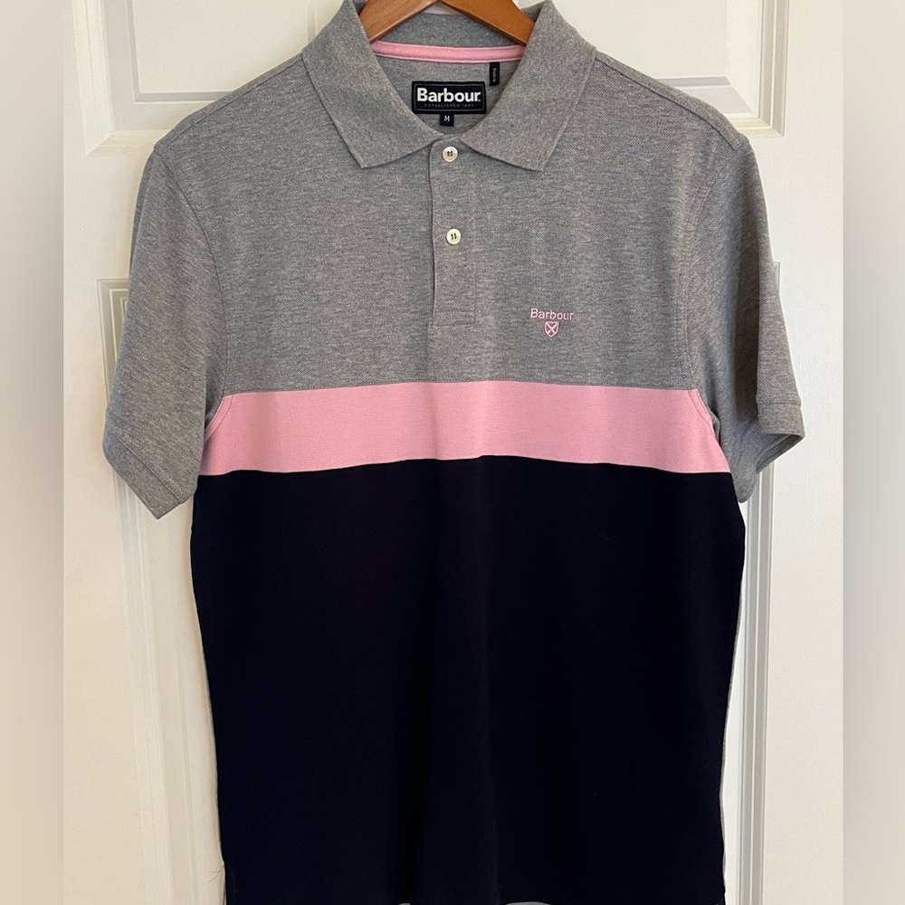Barbour Medium Polo Grey Pink Navy Blue. Excellent condition. Worn once.